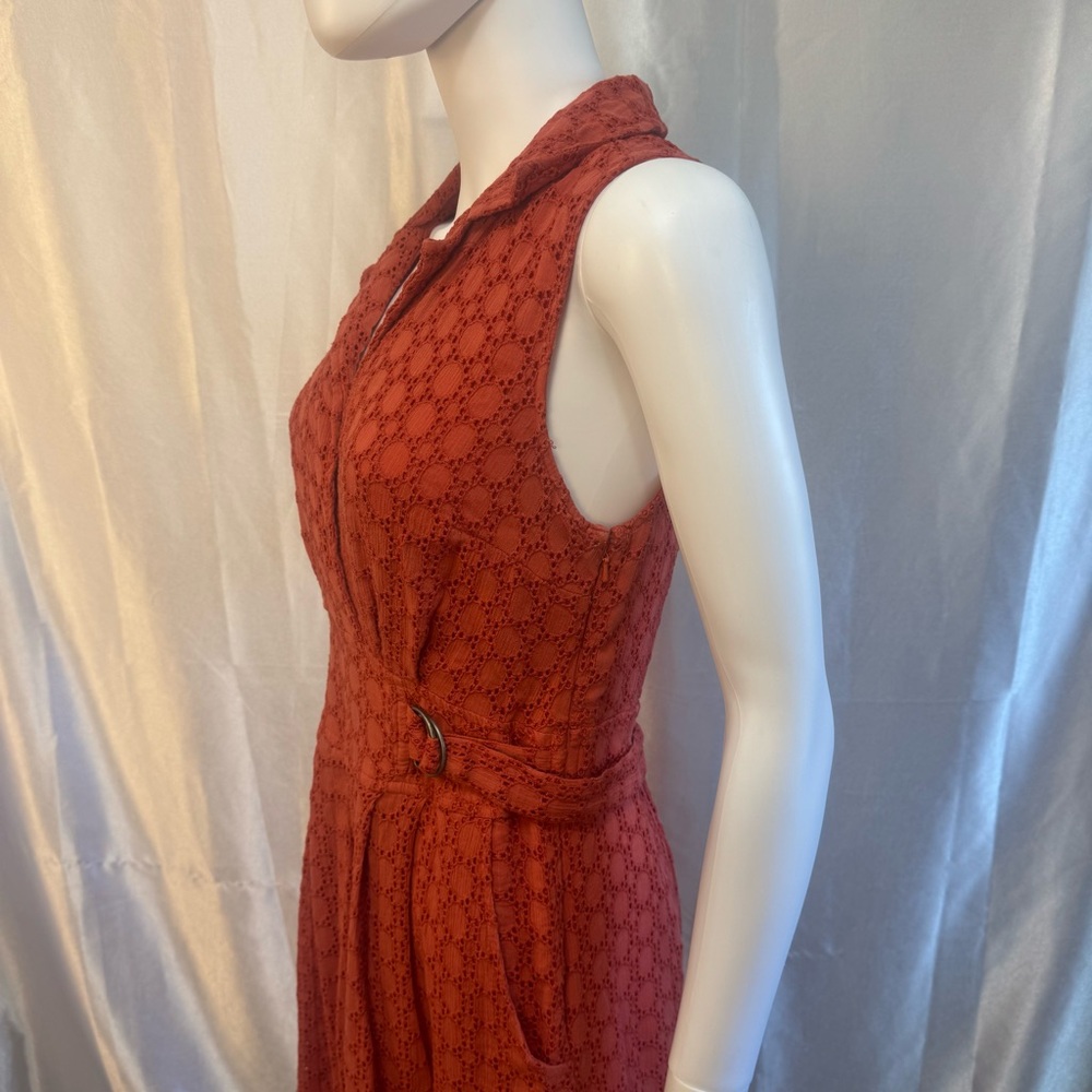 Anthropologie Elm Burnt Rust Orange Lacy Eyelet Sleeveless Collared Midi Dress - Picture 3 of 14